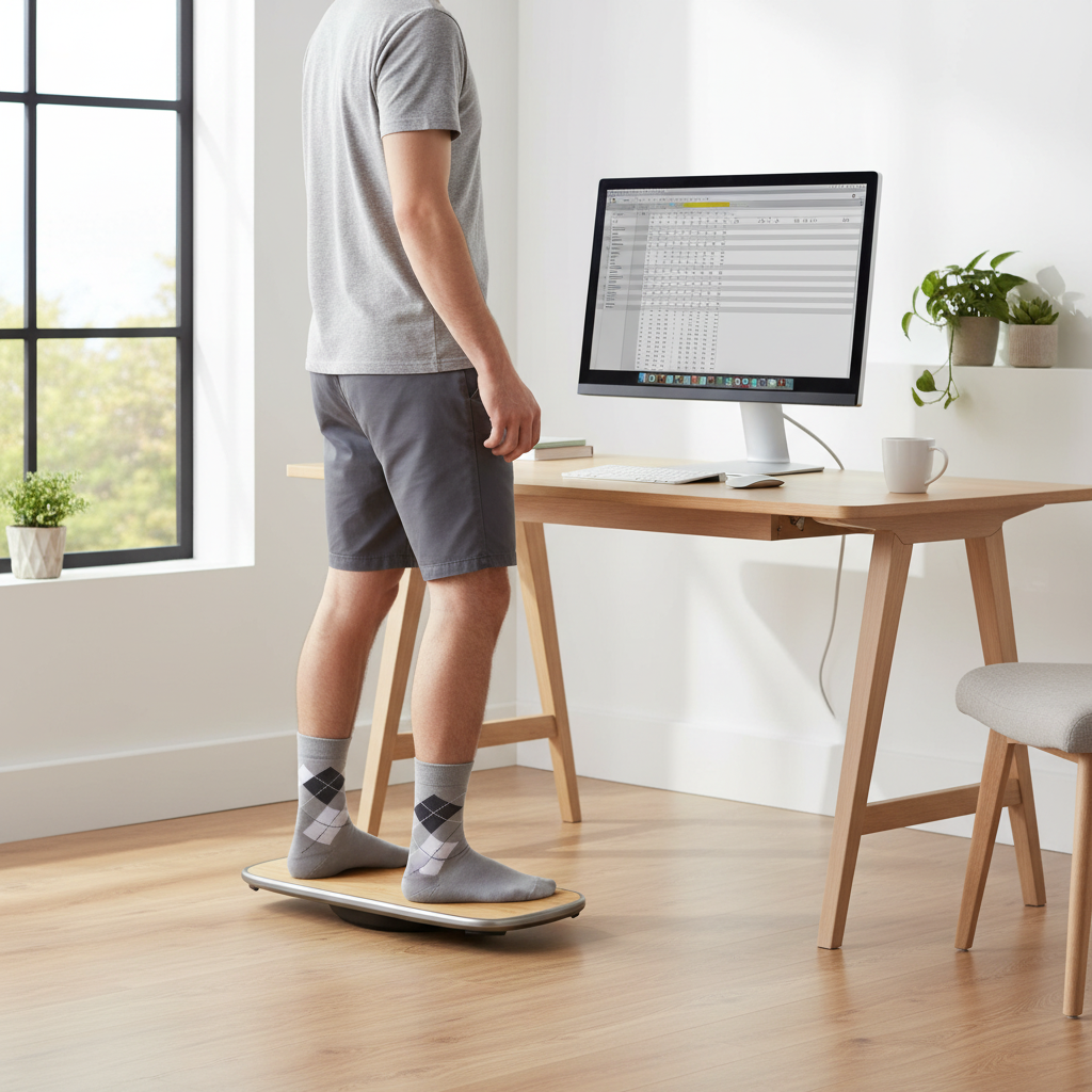 Person balancing on bamboo silver board at standing desk in modern office