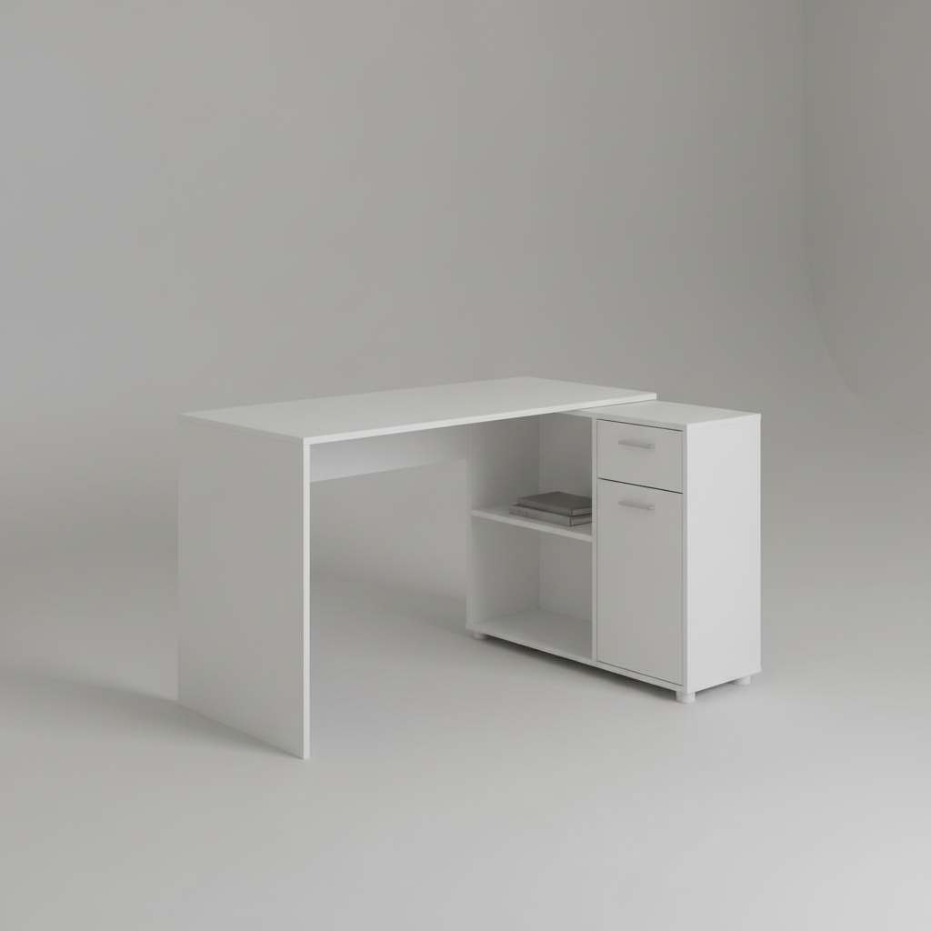 White L-shaped computer desk studio photo