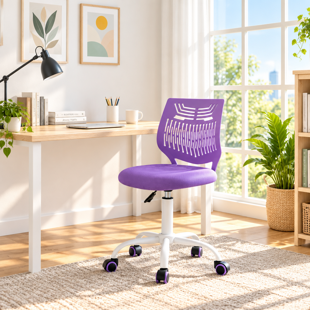 Purple slatted-back office chair with white base in a sunny home office