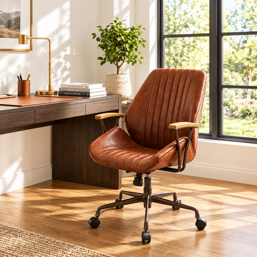 Cognac brown top-grain leather executive office chair in a sunny home office