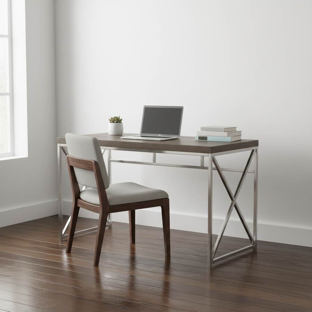 Taupe and silver computer desk in a modern room