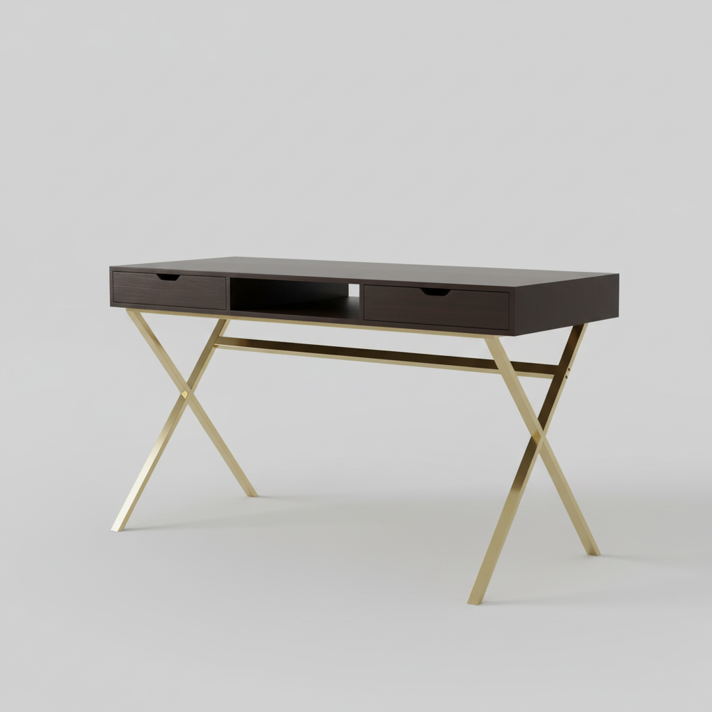 Dark brown and gold computer desk with 2 drawers studio photo