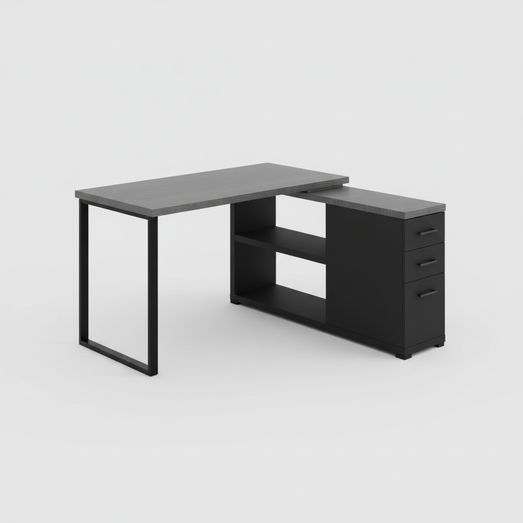 Gray and black L-shaped computer desk with 3 drawers studio photo