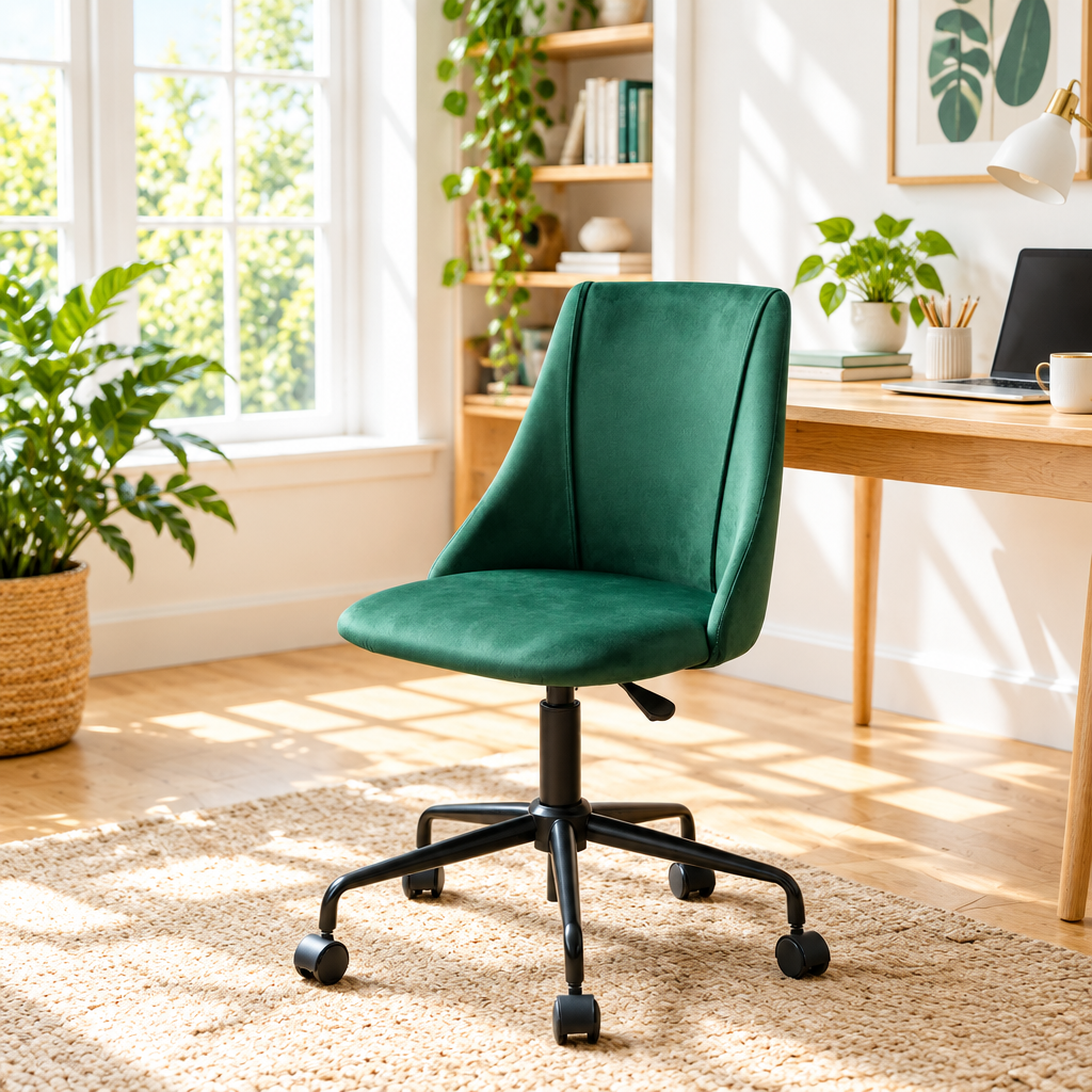 Forest green velvet office chair with black base in a sunny home office