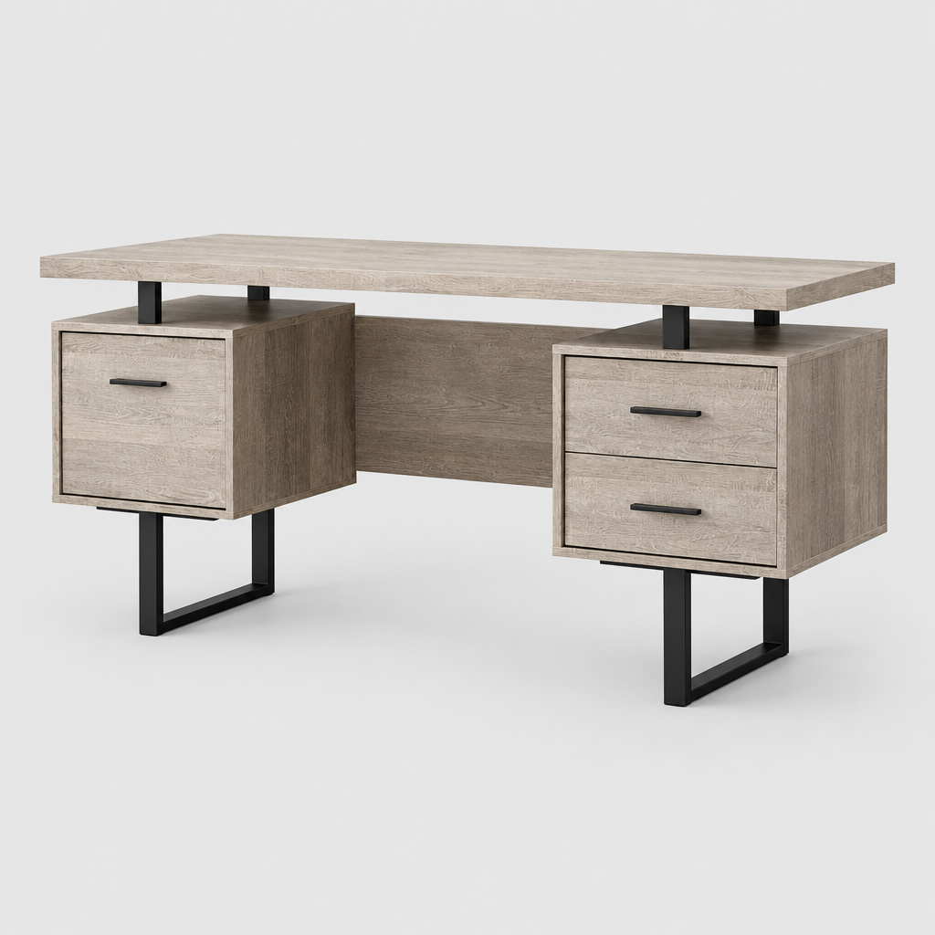 Taupe and black computer desk with 3 drawers studio photo
