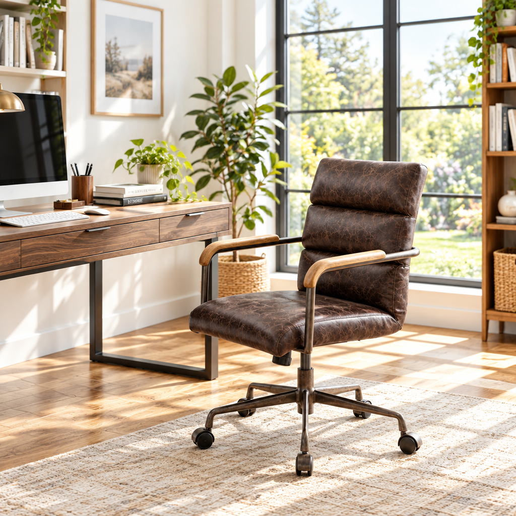 Dark brown vintage-style office chair in a sunny home office