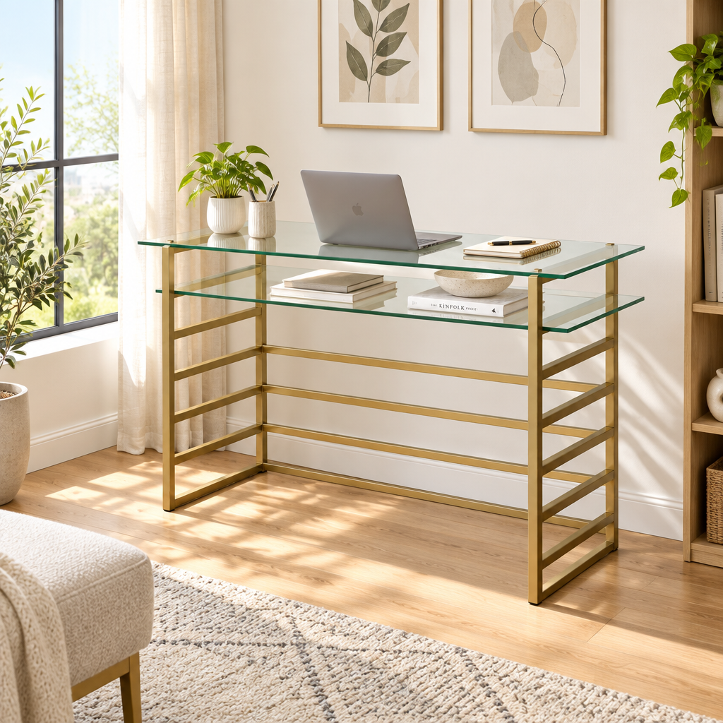 Clear glass and gold mirrored desk in a bright home office