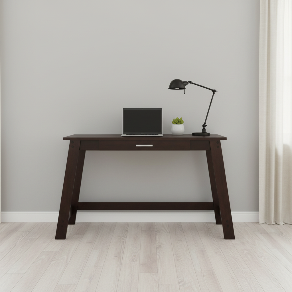 Brown computer desk in a minimalist home office