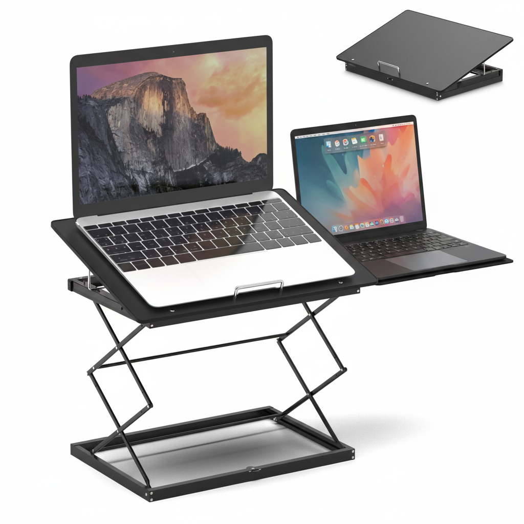 Black compact folding laptop stand hero shot on white background