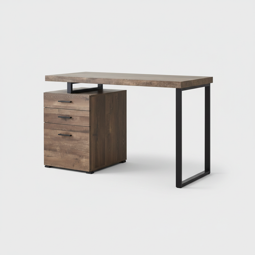 Brown and black computer desk with 3 drawers studio photo