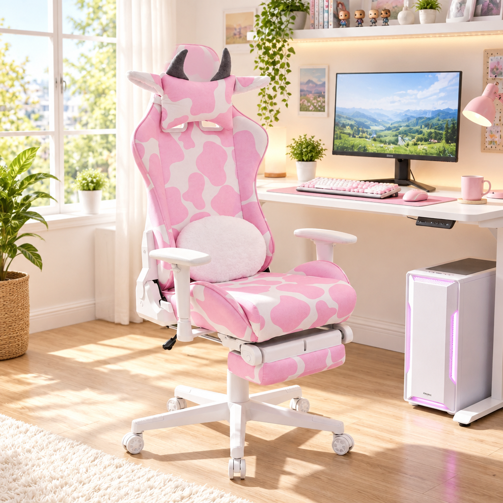 Pink and white cow print gaming chair with footrest in a sunny home office