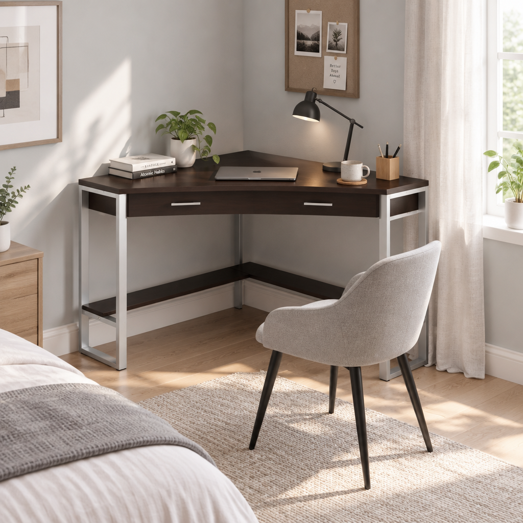 Dark brown and silver corner computer desk in a bright bedroom study nook