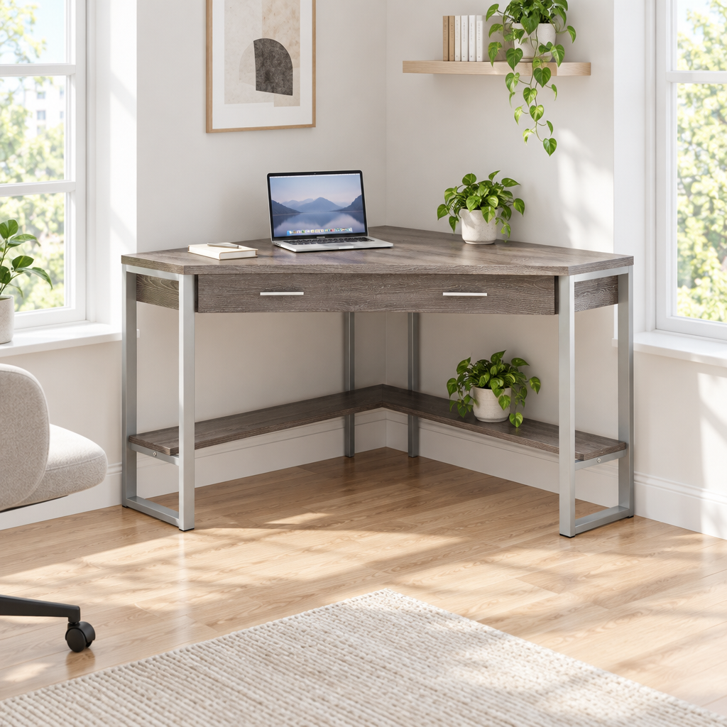 42-inch taupe and silver corner computer desk in a bright home office