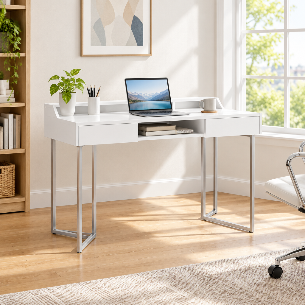 White and silver writing desk with 2 drawers in a bright home office