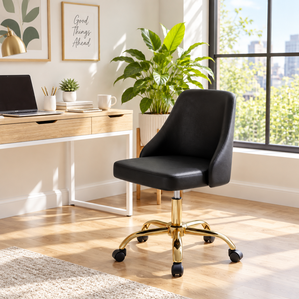 Black and gold faux leather office chair in a bright home office
