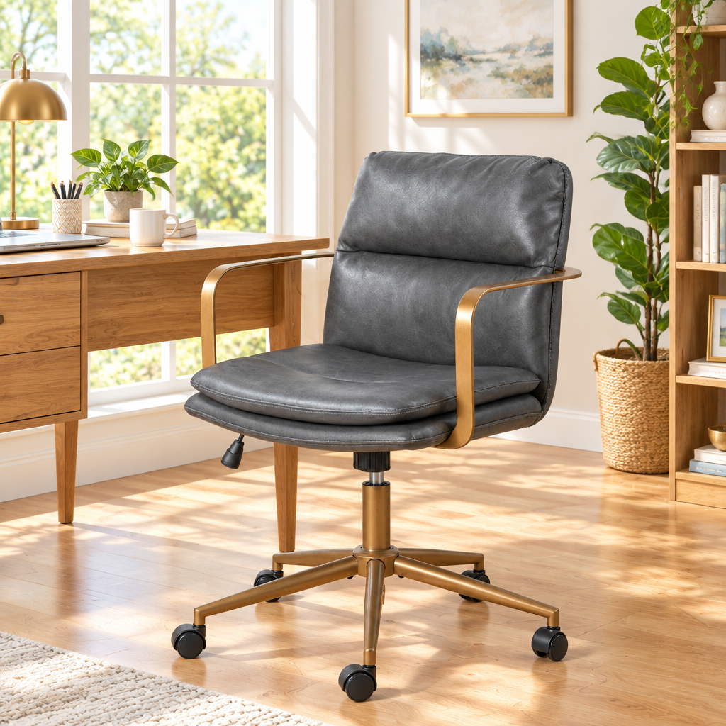 Dark gray faux leather office chair with bronze frame in a sunny home office