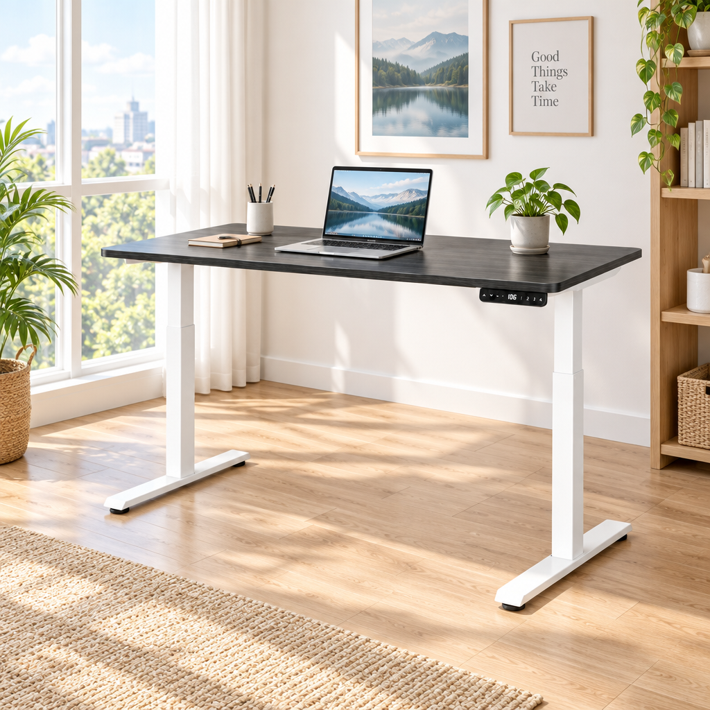 Black and white adjustable standing desk in a bright home office