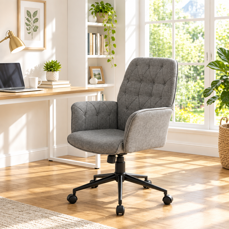 Gray button-tufted office chair in a sunny home office