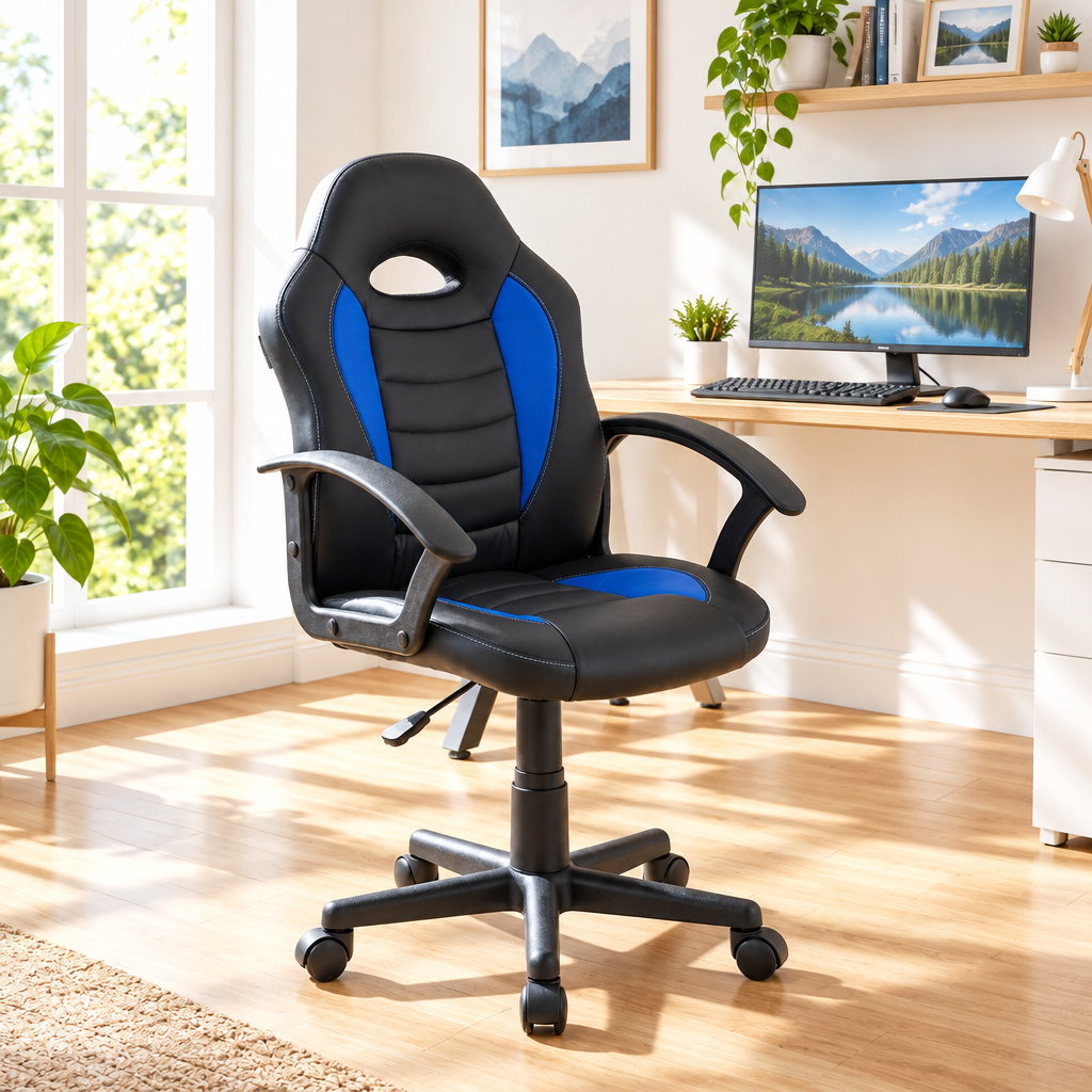 Black and blue racing-style gaming chair in a sunny home office