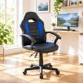 Black and blue racing-style gaming chair in a sunny home office
