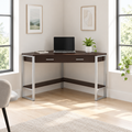 42-inch dark brown and silver corner computer desk in a bright home office