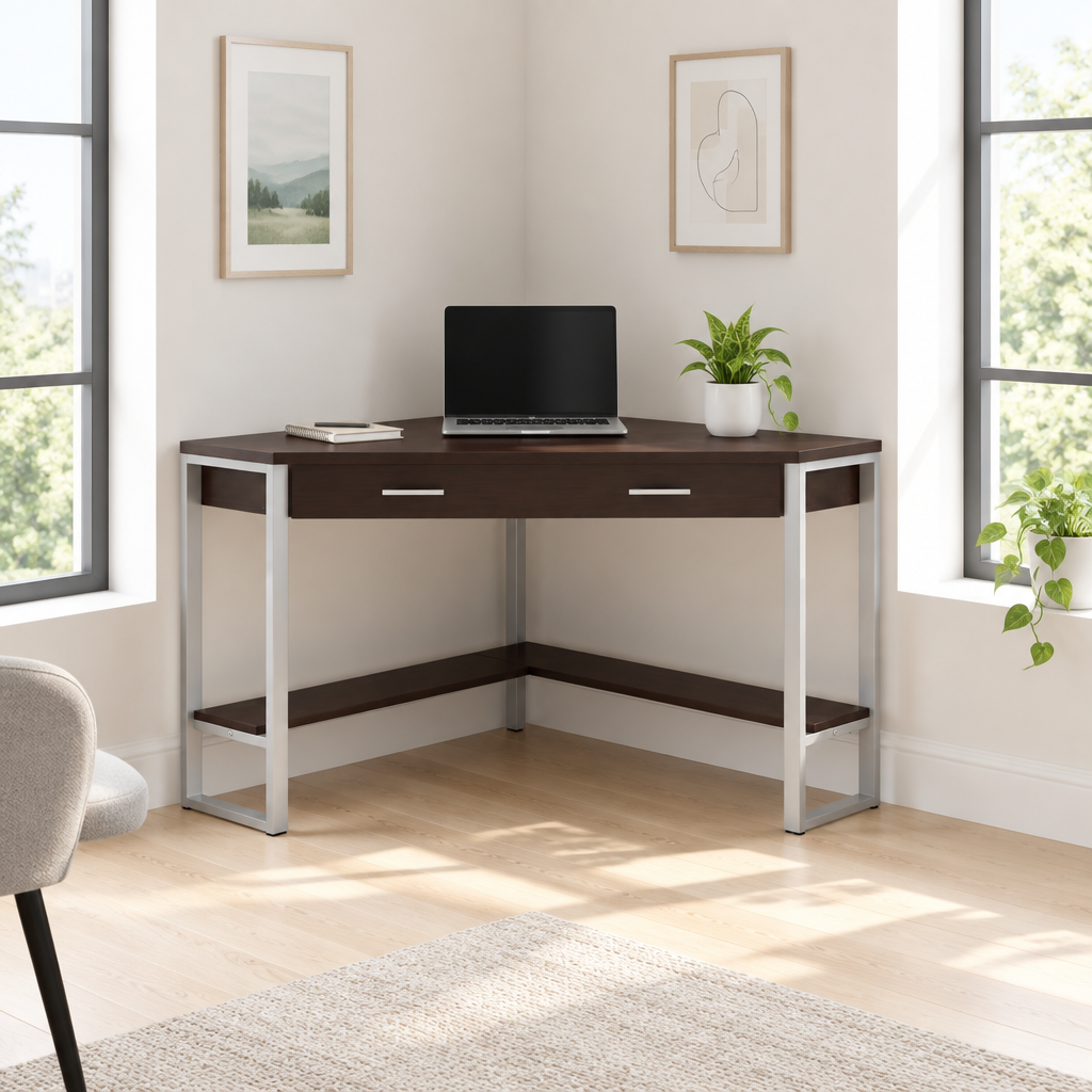 42-inch dark brown and silver corner computer desk in a bright home office