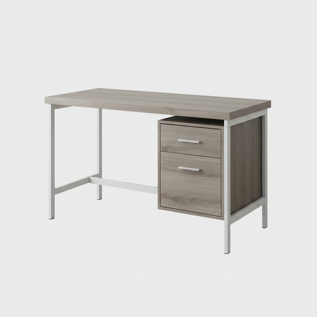 Taupe and silver computer desk with 2 drawers studio photo