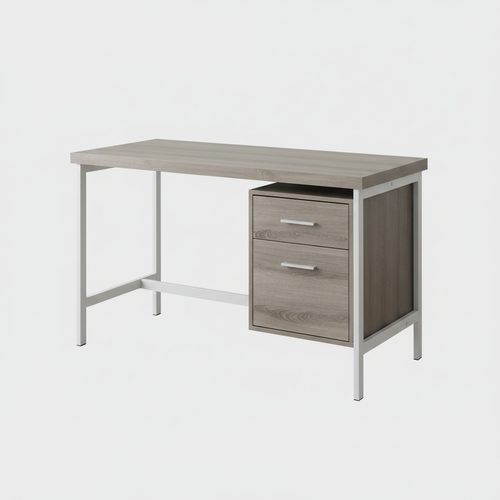 Taupe and silver computer desk with 2 drawers studio photo