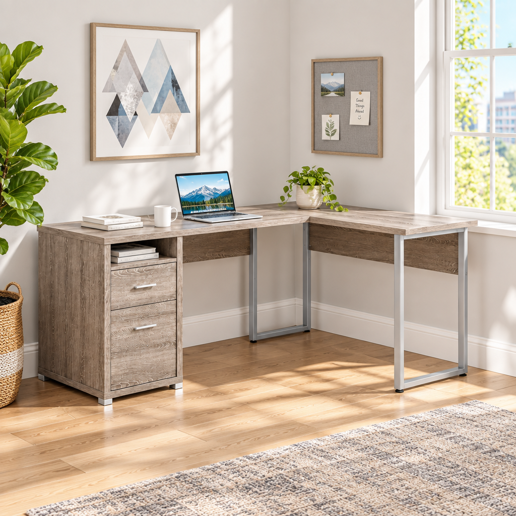 Taupe and silver L-shaped computer desk with 2 drawers in a bright home office