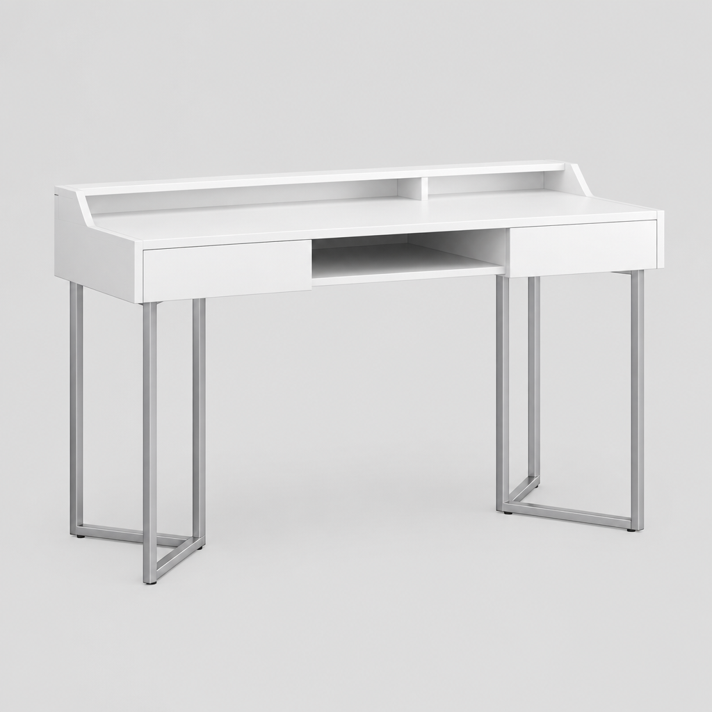 White and silver writing desk with 2 drawers studio photo