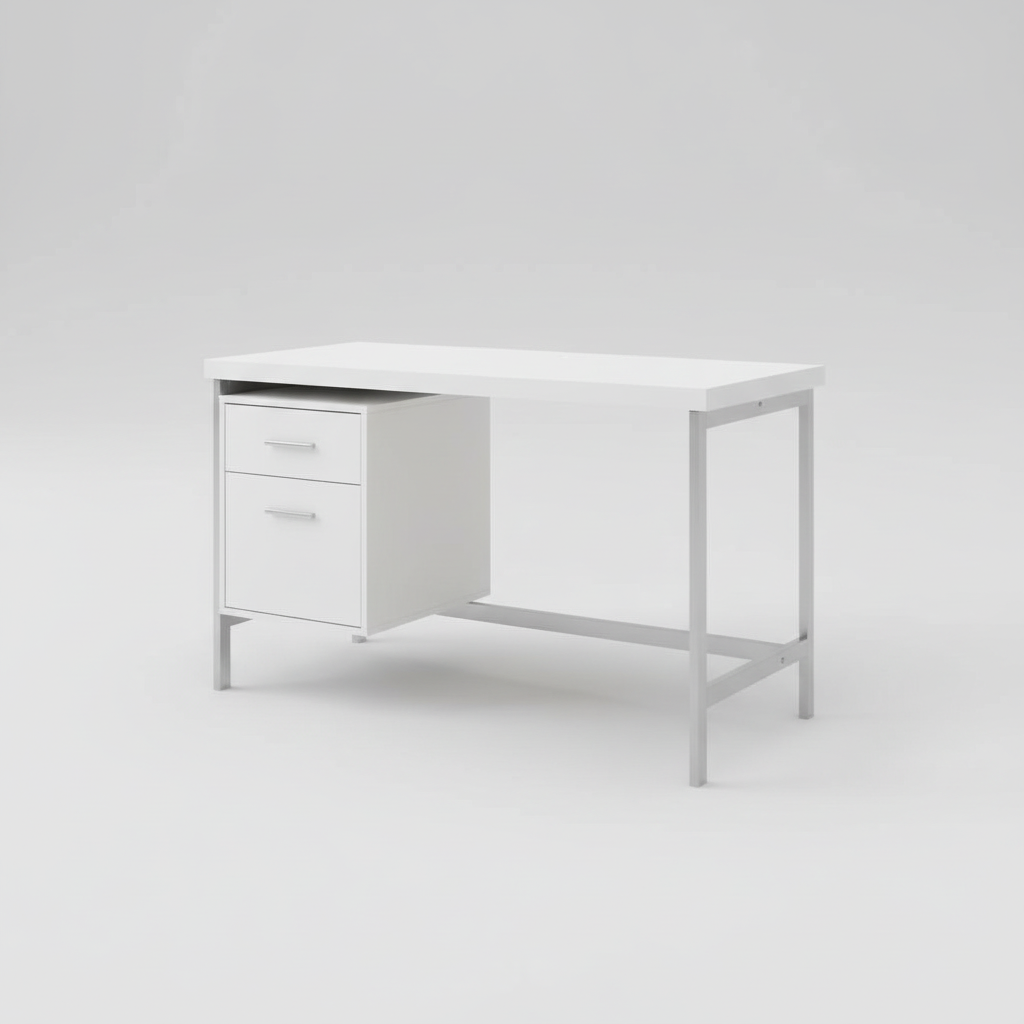 White and silver computer desk with 2 drawers studio photo