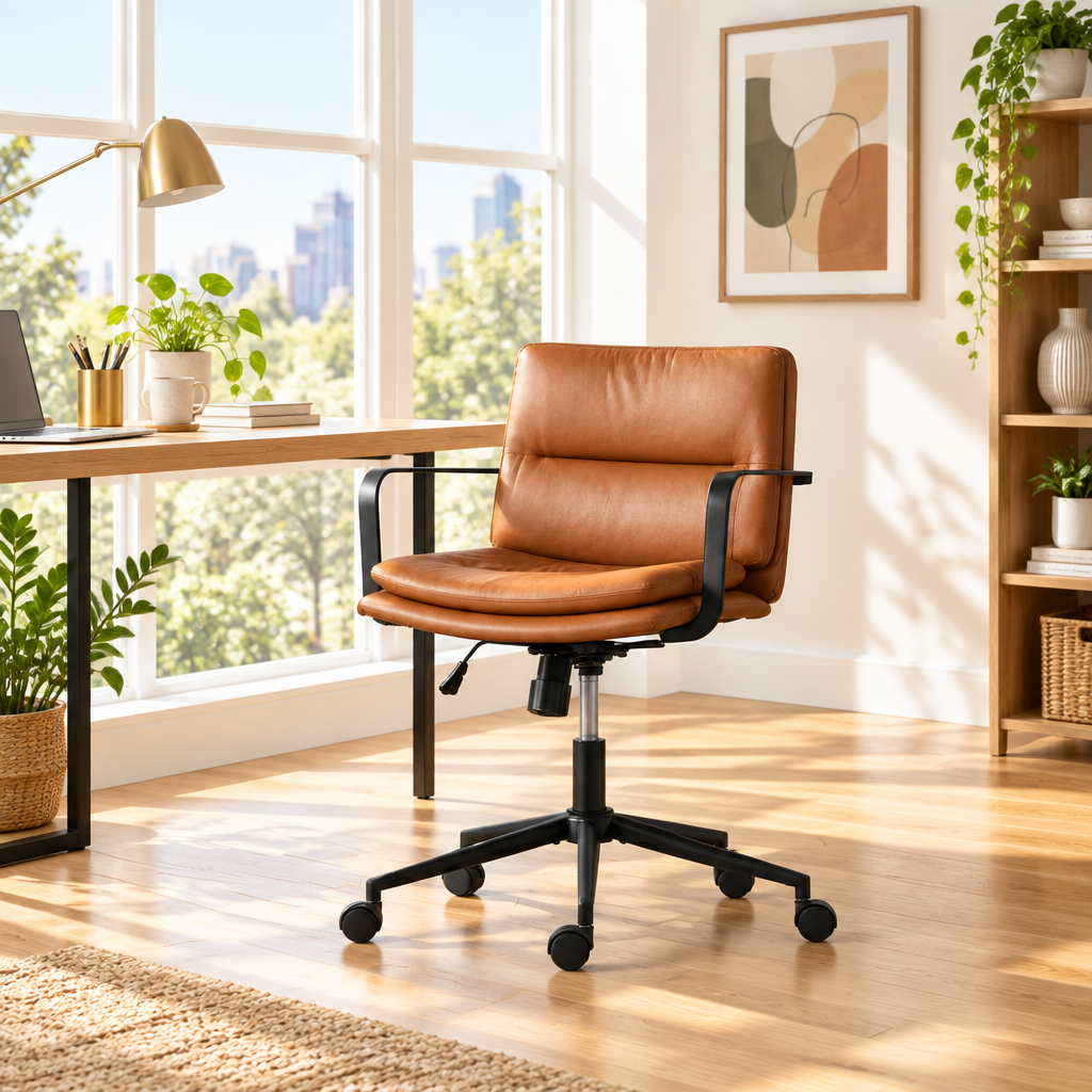 Cognac brown and black faux leather office chair in a sunny home office