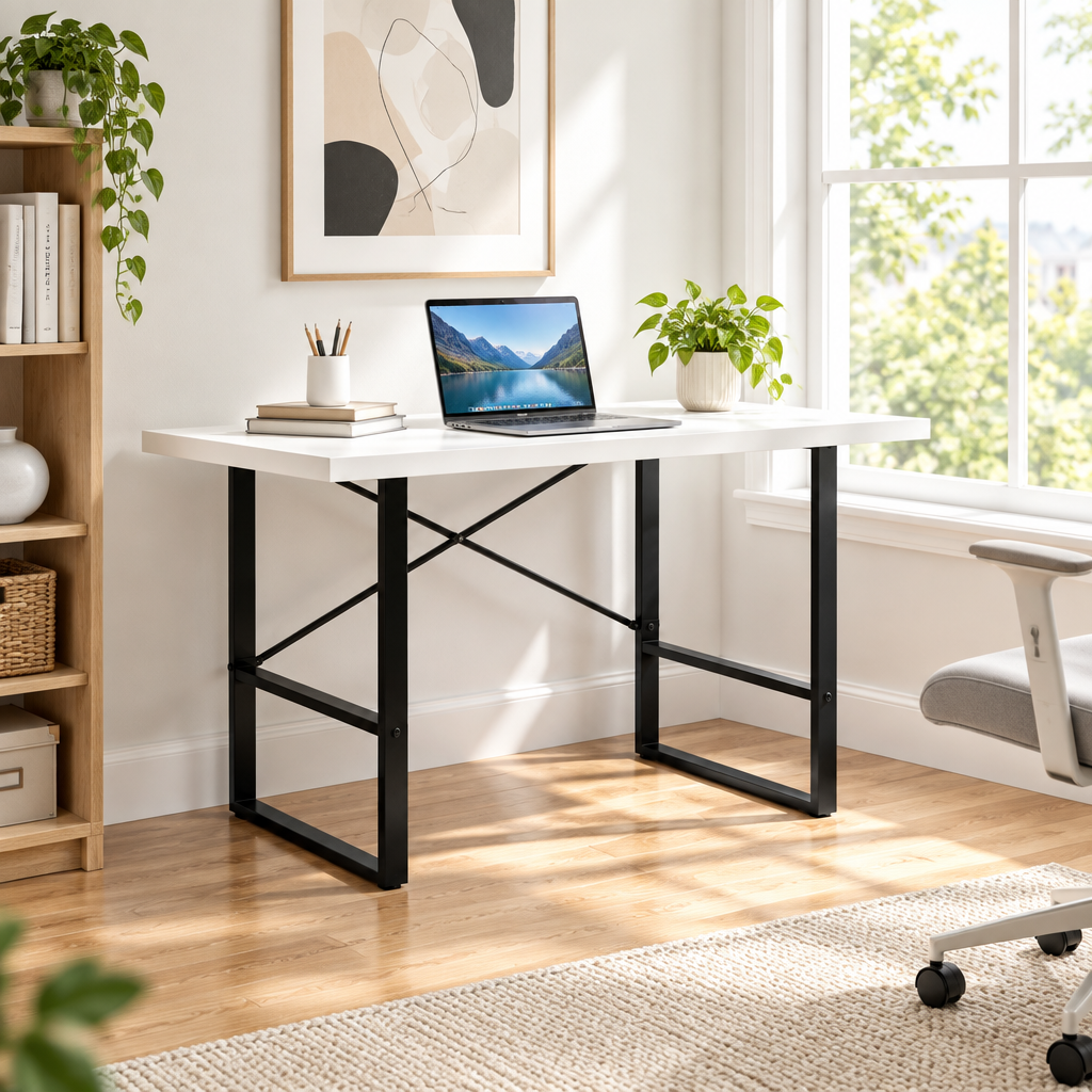 White and black computer desk in a bright home office