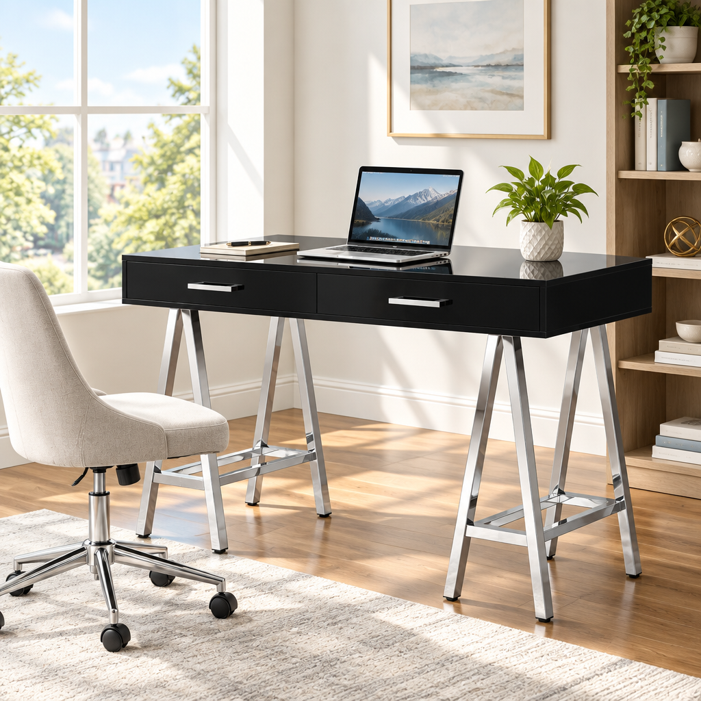 Black and silver writing desk with 2 drawers in a bright home office