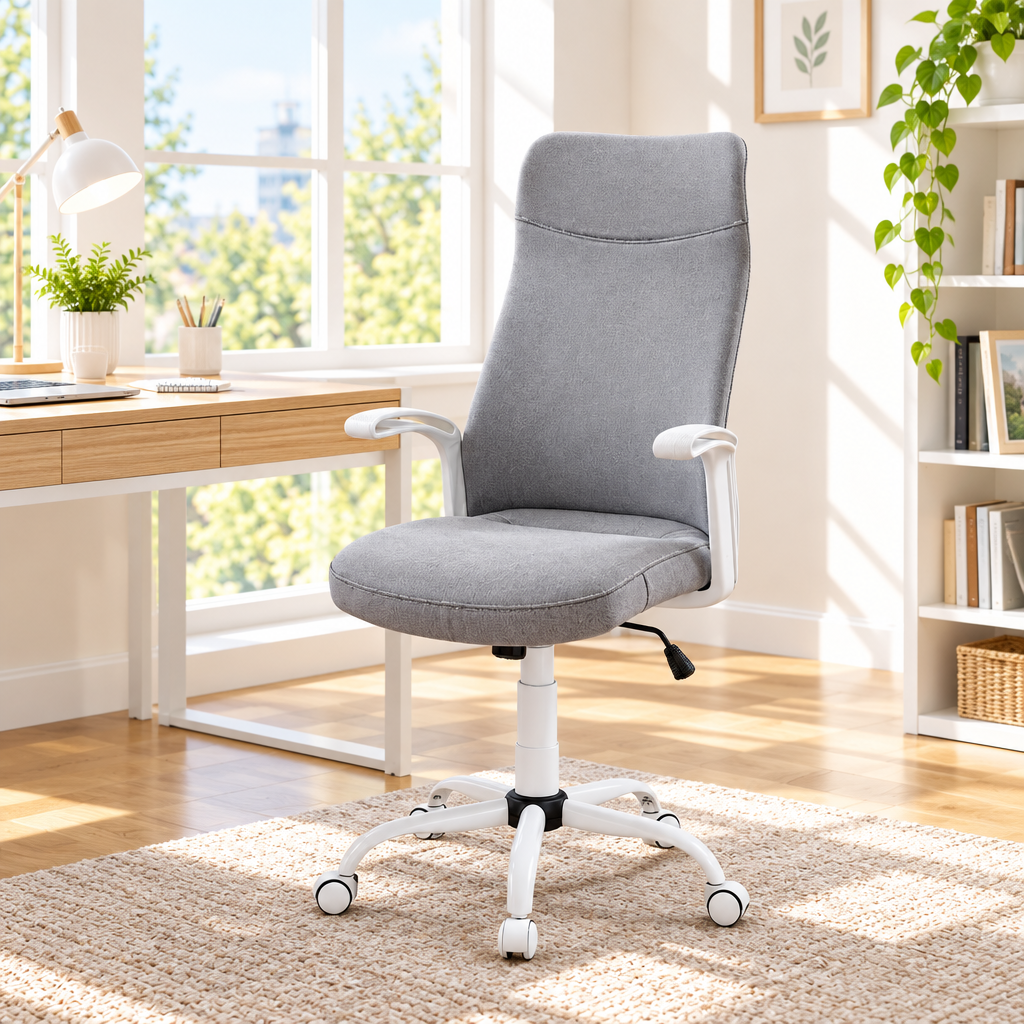 Gray high-back office chair with white armrests in a sunny home office