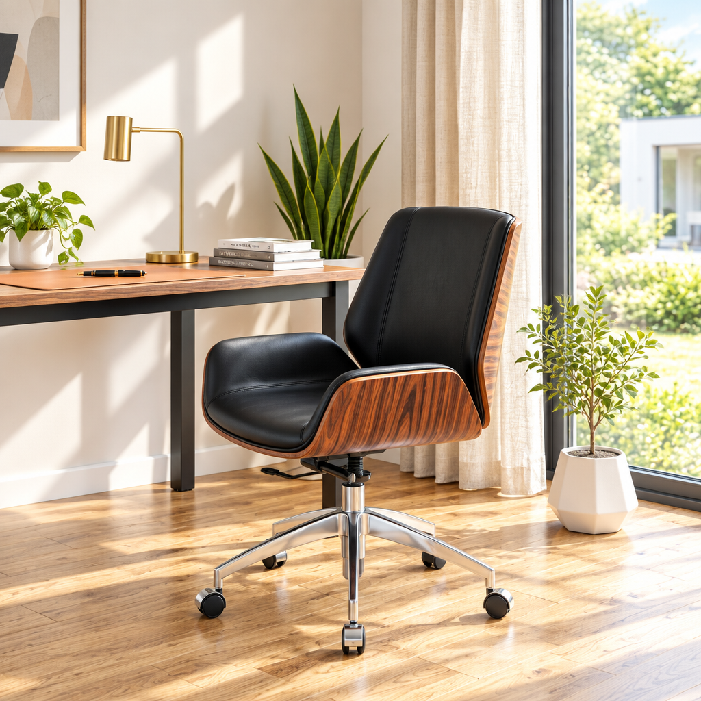 Black and rosewood conference office chair in a sunny home office