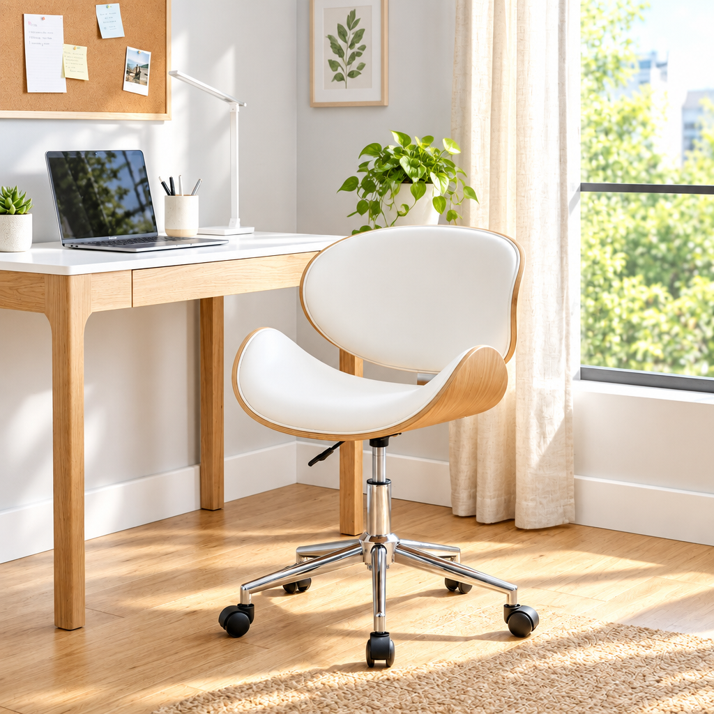 White faux leather bentwood office chair with chrome base in a sunny home office