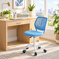Blue and white compact office chair in a sunny home office