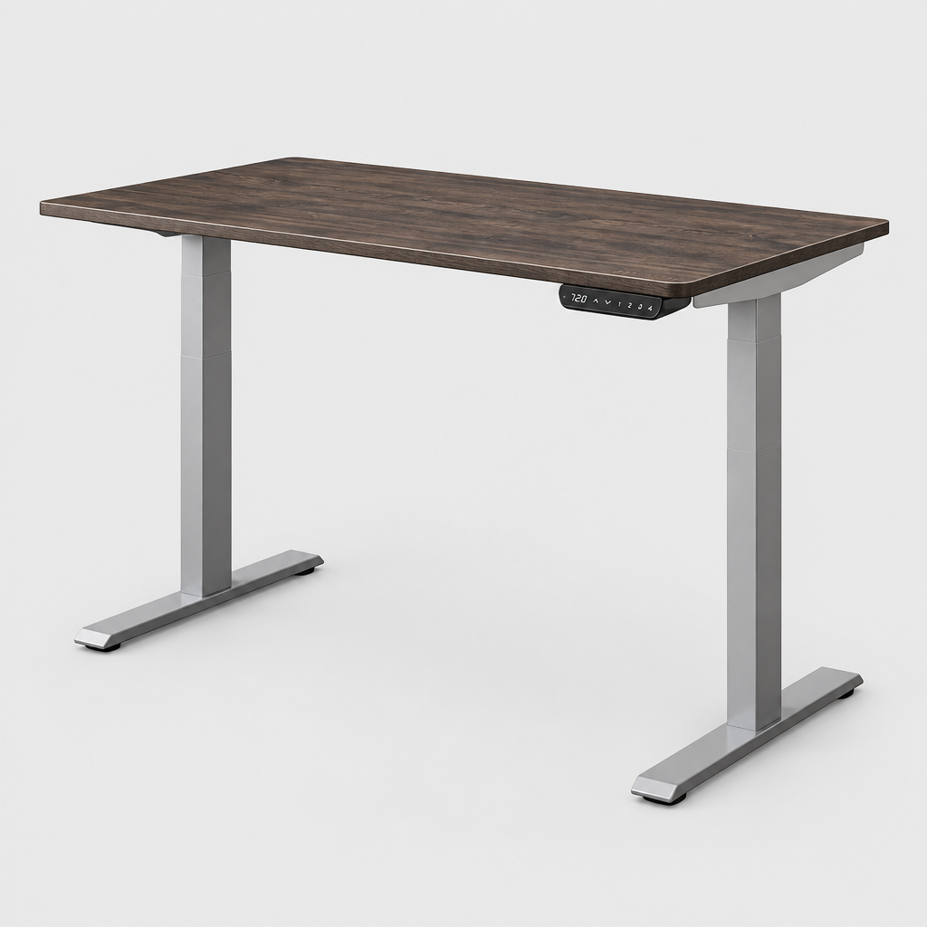 Dark brown and gray adjustable standing desk studio photo