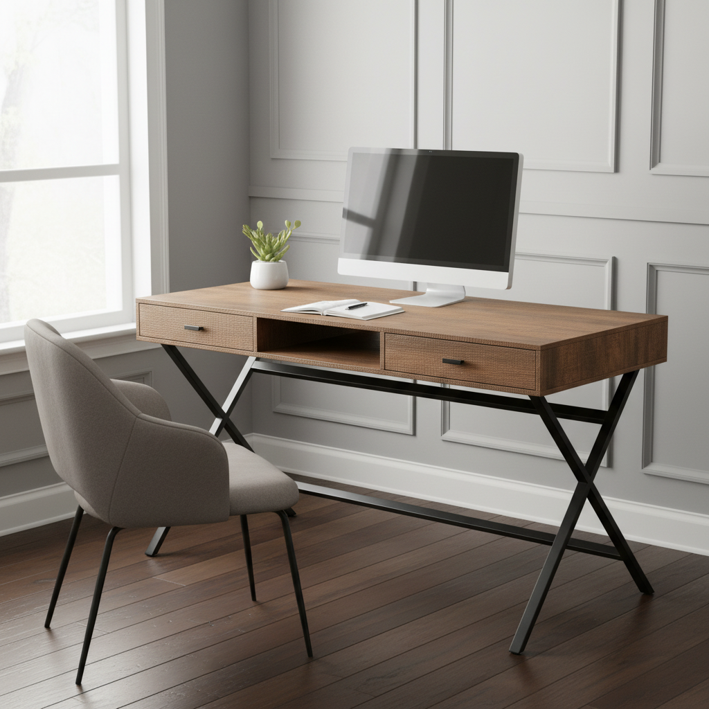 Brown and black computer desk with 2 drawers in a bright home office