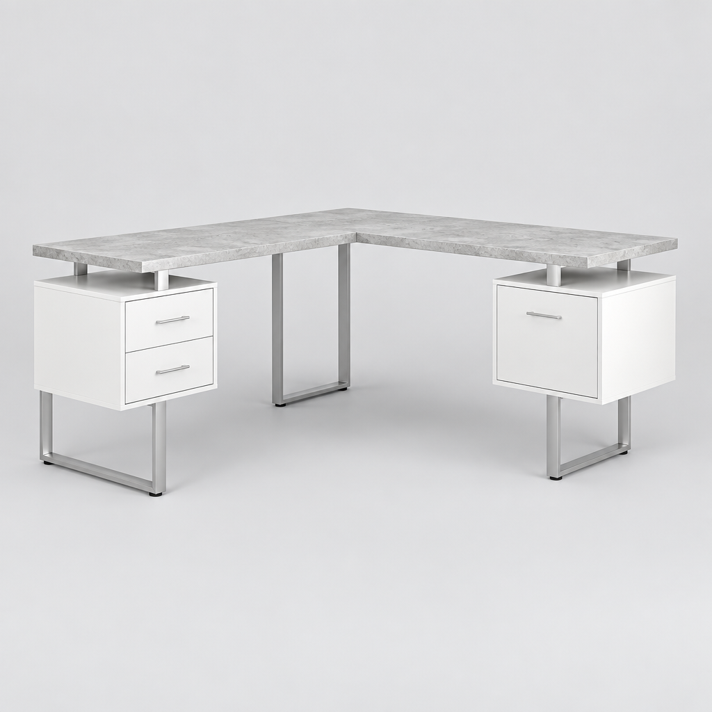 Gray and silver L-shaped computer desk with 3 drawers studio photo