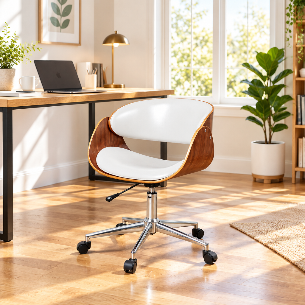 White faux leather bentwood office chair with chrome base in a sunny home office