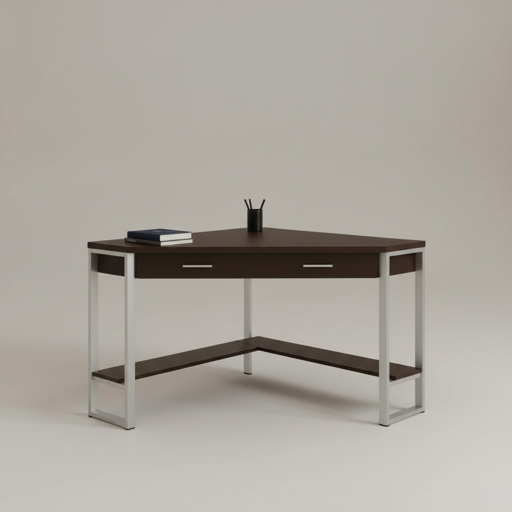 Dark brown and silver corner computer desk studio photo