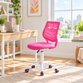 Bright fuchsia pink office chair with white base in a sunny home office