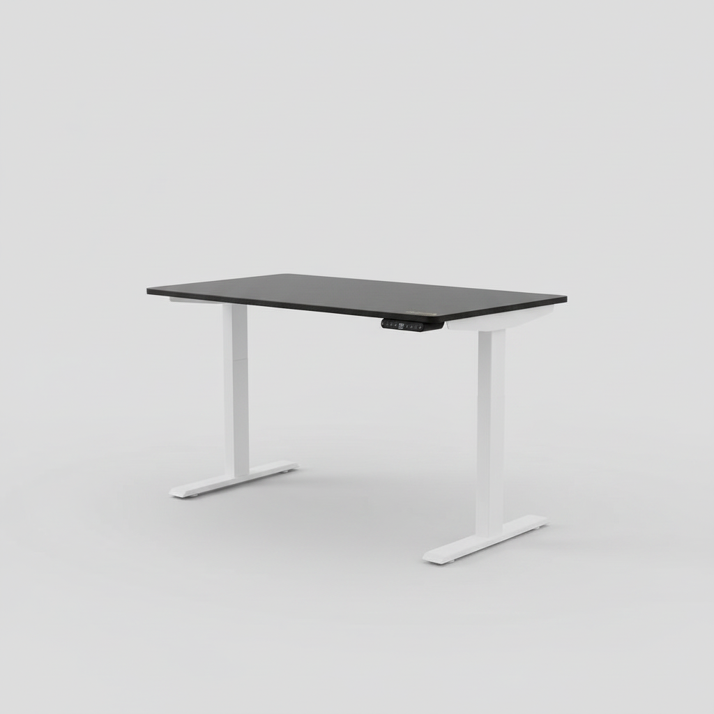 Black and white adjustable standing desk studio photo