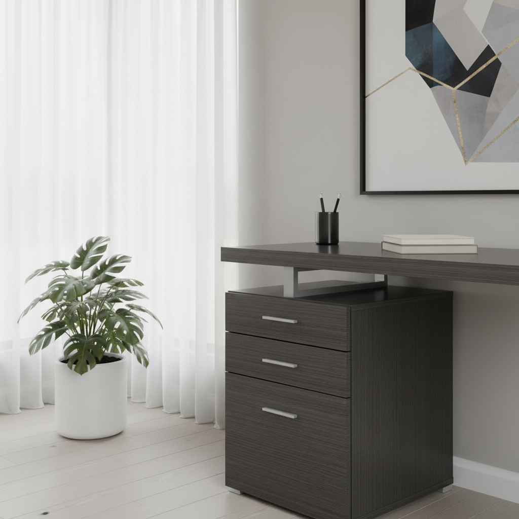 Gray and silver computer desk with 3 drawers, close-up by a bright window