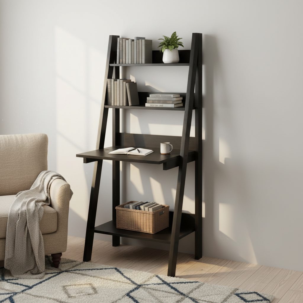 Espresso ladder desk styled in a cozy reading nook
