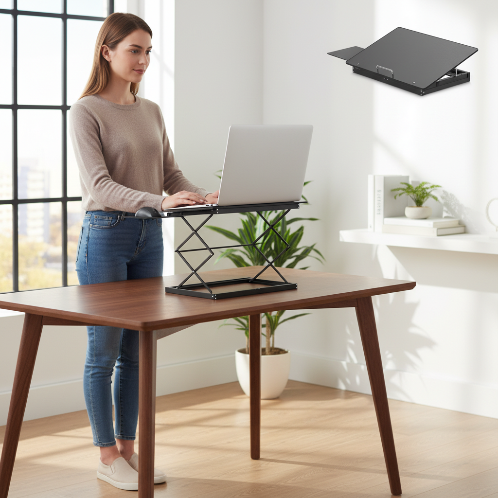 Person standing and using black folding laptop stand in modern office