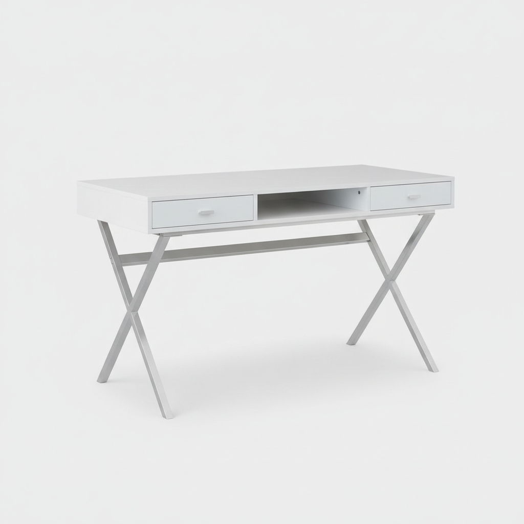 White and silver computer desk with 2 drawers studio photo