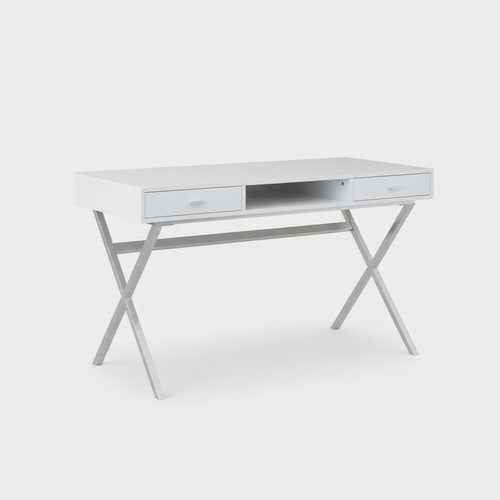 White and silver computer desk with 2 drawers studio photo